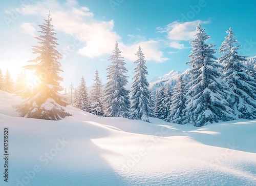 Beautiful winter landscape with snow-covered fir trees in the Alps mountains on a sunny day with sunlight and a blue sky background