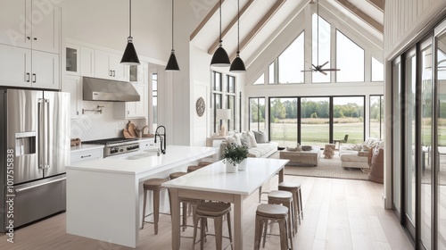 Interior modern farmhouse kitchen and dining room with white countertops bar stools large dining table stainless appliances and view to living room with vaulted ceiling