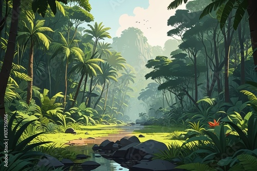 there is a painting of a jungle scene with a stream photo