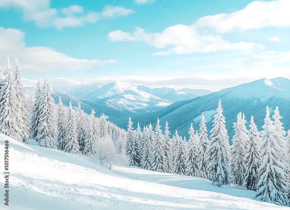 Beautiful winter landscape with snow-covered fir trees against the backdrop of mountains and a blue sky on a sunny day Winter nature background Beautiful winter landscape with snow-covered fir trees against the backdrop of mountains and a blue sky on a sunny day Winter nature background