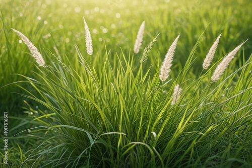 tall grass with white flowers in a field with sunlight photo