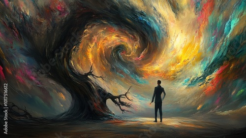 Man Facing a Whirlwind of Colors