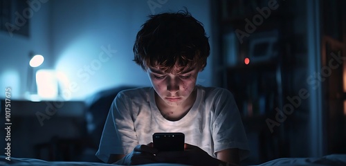 Image showing a teenager in his room overwhelmed by smartphone use.