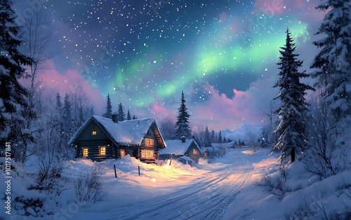 the northern lights in the sky with a house road and stars in the snowy landscape on a winter night Snowy village Polar light colors Beautiful peaceful and colorful natural evening background photo