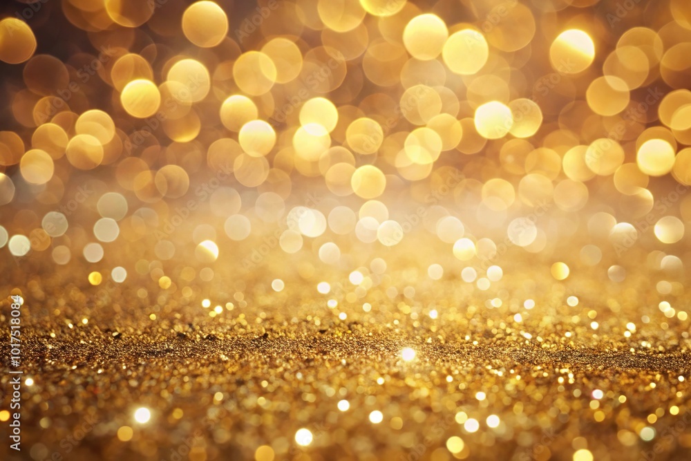 Abstract dreamy sparkle background with soft gold bokeh shining light, high angle view