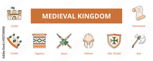Medieval Kingdom Lineal Color Banner Web Icon Set Vector Illustration, Castle Crown Tapestry Joust Helmet War Shield Axe Parchment