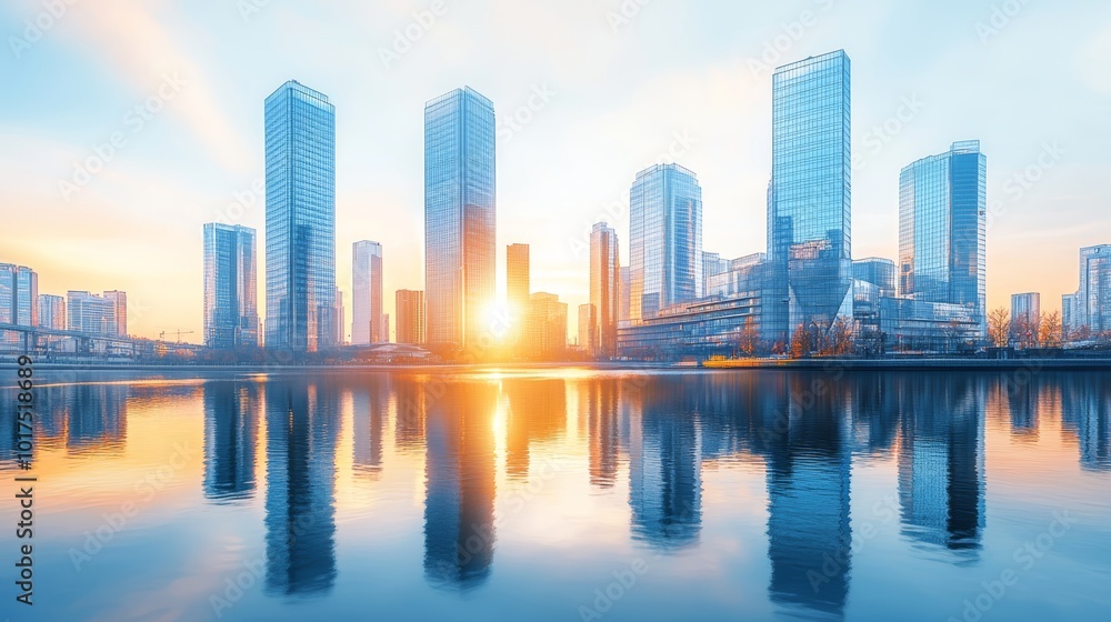 Naklejka premium Abstract city reflection river on sunrise Panoramic and perspective wide angle view to steel light blue background of glass high rise building skyscraper commercial modern city of futurepastel tone