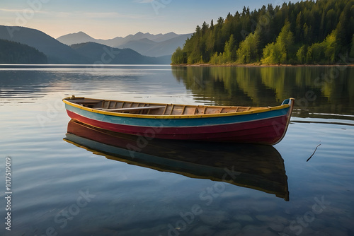 A colorful boat in a tranquil lake photo