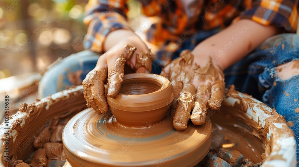 Fototapeta premium Creative Collaboration Child and Tutor Molding Clay on Spinning Potter's Wheel