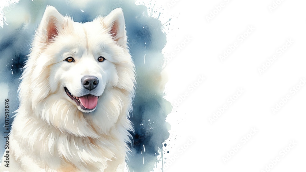 Fototapeta premium Samoyed dog , captured in a serene watercolor portrait. Drawing. Art. Illustration. Copy Space. 2