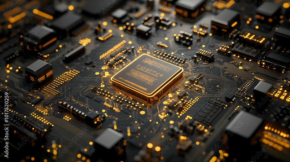 Golden Processor on a Black Circuit Board. Golden Processor on a Black Circuit Board.