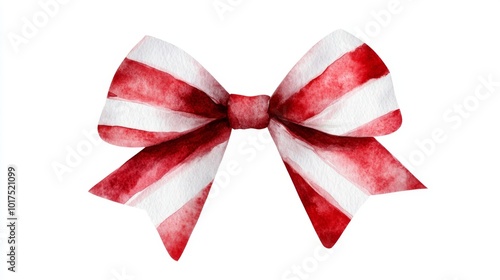 Whimsical Christmas Bow Clipart with Candy Cane Stripes - Red and White Watercolor Illustration on White Background