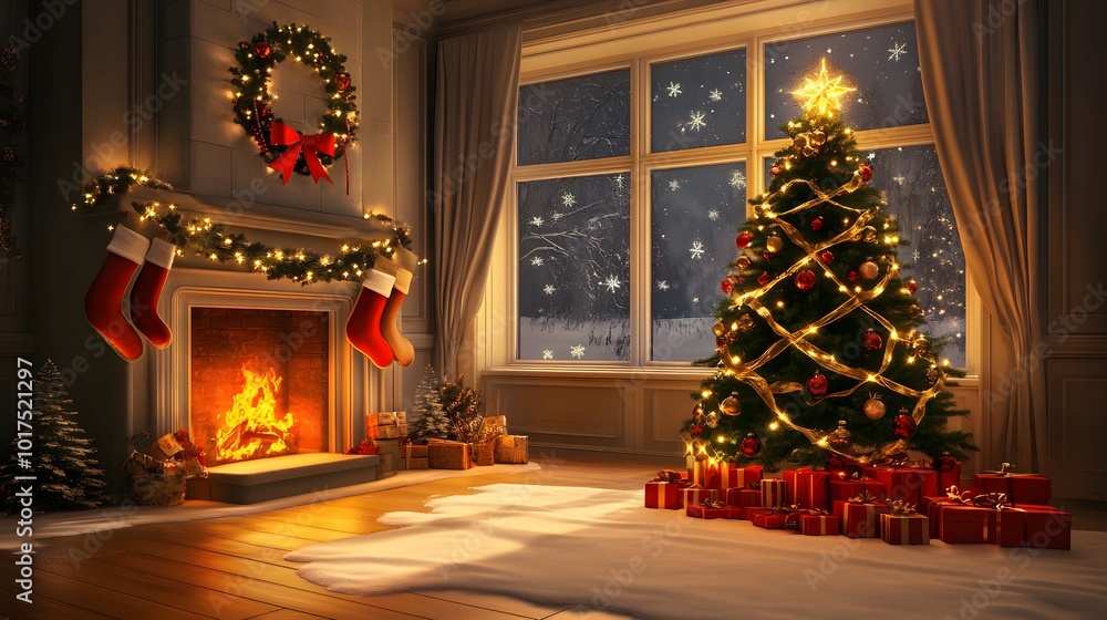 Elegant Christmas tree adorned with golden baubles, ribbons, and twinkling lights, creating a cozy holiday atmosphere in high resolution Elegant Christmas tree adorned with golden baubles, ribbons, and twinkling lights, creating a cozy holiday atmosphere in high resolution