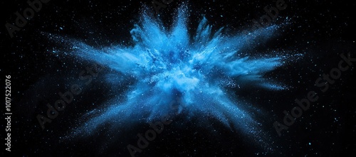 A blue dust explosion in space, centered on the left side of an empty black background