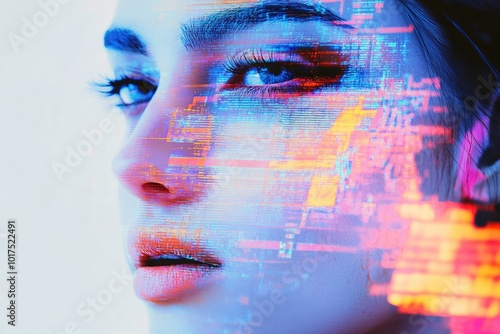 A digital art piece featuring a woman's face blended with vibrant technology graphics, symbolizing the intersection of beauty and innovation.