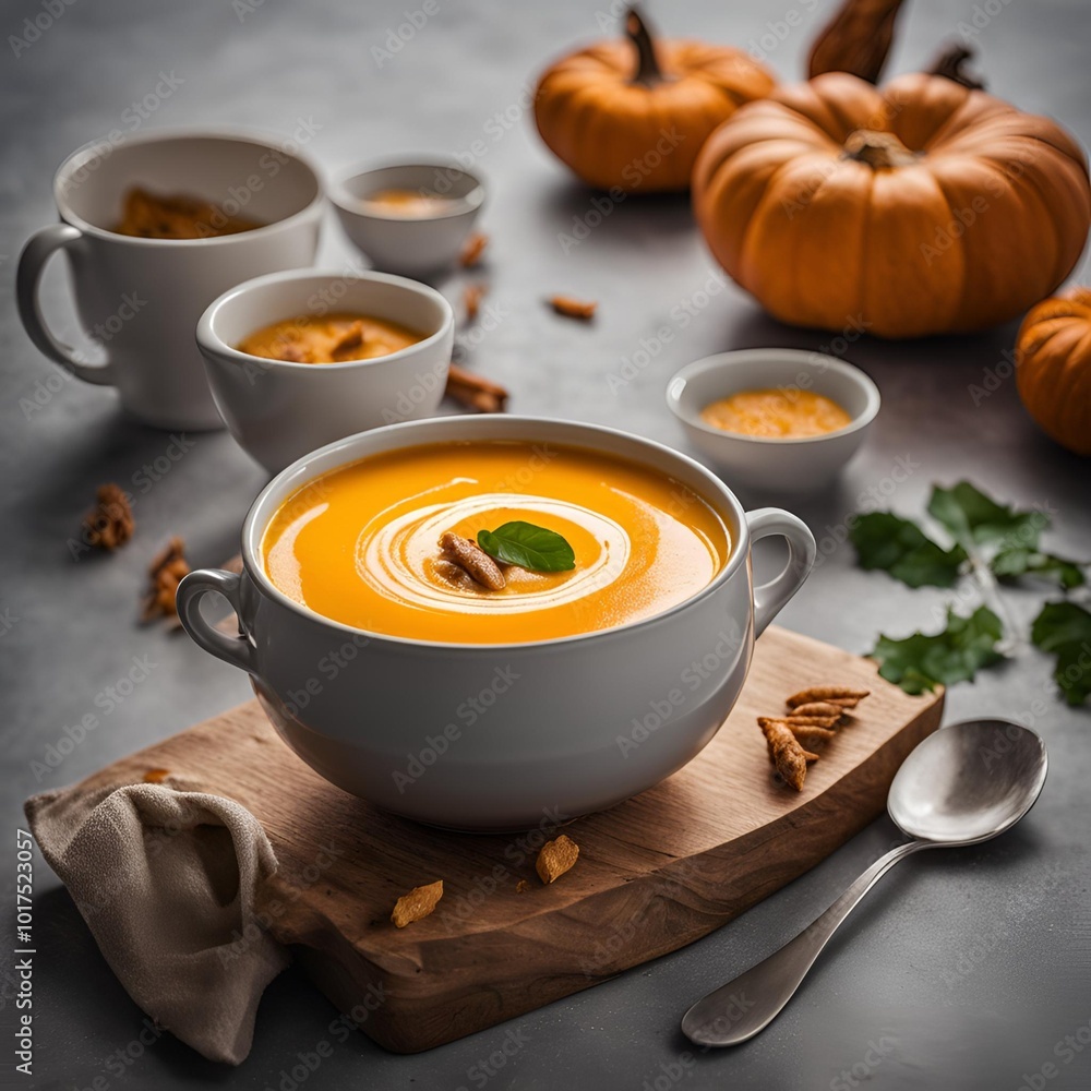 Food photography of creamy pumpkin soup topped with cream in professional setting with ingredients in background
Food photography of creamy pumpkin soup topped with cream in professional setting with ingredients in background