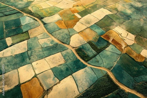 Aerial view of vibrant farmland patchwork showcasing various crop fields and winding roads in a serene landscape. photo