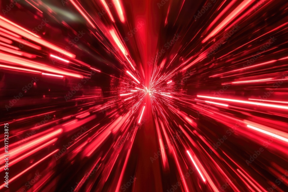 Naklejka premium Dynamic red light burst creating a sense of speed and energy, perfect for futuristic or tech-themed designs.