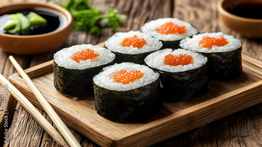 Delicious Salmon Sushi Rolls with Soy Sauce and Chopsticks on Wooden Table. Delicious Salmon Sushi Rolls with Soy Sauce and Chopsticks on Wooden Table.