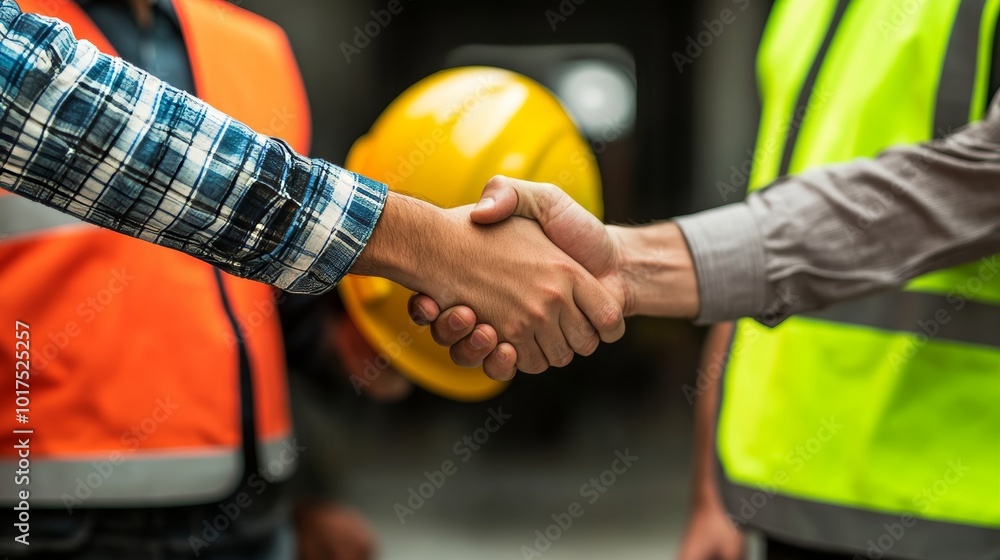 Construction workers holding helmets and vests are shaking hands real estate concept Architect shaking hands with engineer or builder planning and successful meetings Construction workers holding helmets and vests are shaking hands real estate concept Architect shaking hands with engineer or builder planning and successful meetings