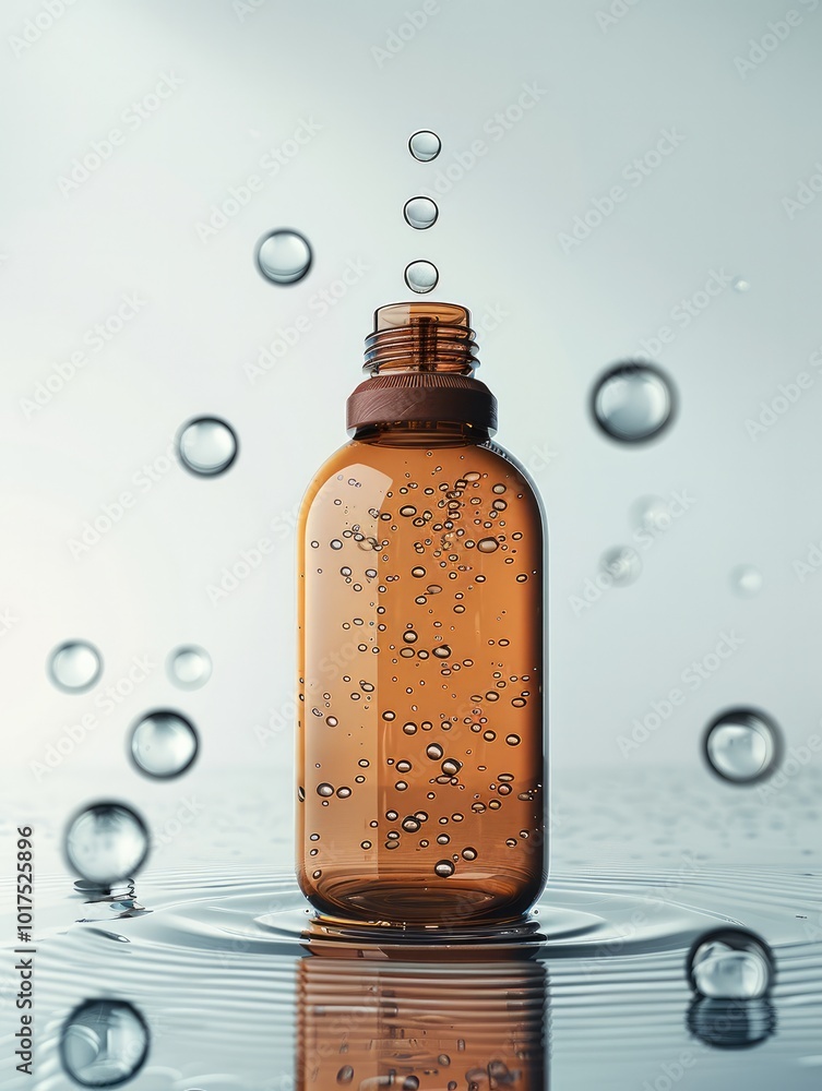 A brown shampoo bottle. features transparent spheres floating around it. clean background. A brown shampoo bottle. features transparent spheres floating around it. clean background.