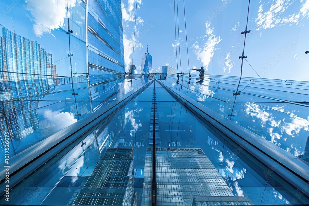 Fototapeta premium Modern skyscrapers reflecting clouds and sky, architectural marvel in urban setting, upward perspective on a sunny day.