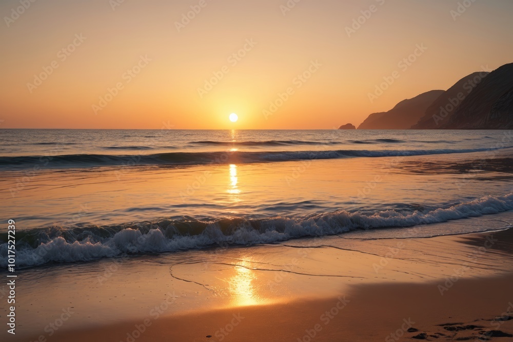 Naklejka premium sunset over the ocean with waves crashing on the beach