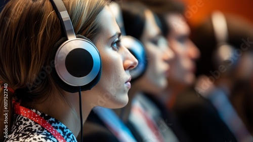 People wearing translation headphones at an international conference listening to translation on headphones close up of people wearing headphones for simultaneous translation during a conference