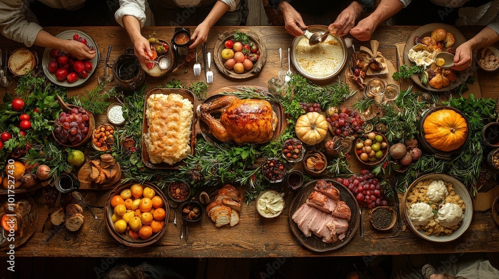 A festive table laden with a variety of foods for a communal meal. A festive table laden with a variety of foods for a communal meal.