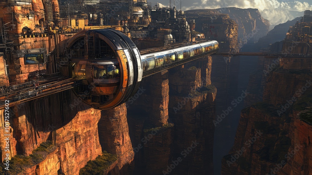 Fototapeta premium A futuristic monorail speeding through a city built on top of towering cliffs, with a deep canyon below.