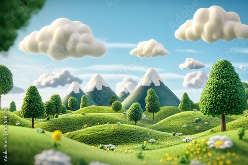 Vibrant 3D Landscape with Clouds and Mountains