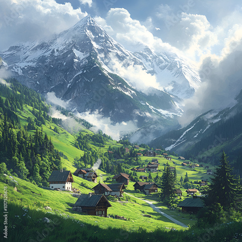 Alpine Village in Lush Green Valley, Serene Mountain Village