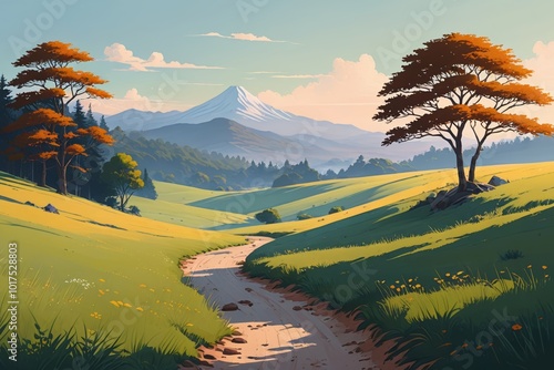 there is a painting of a mountain scene with a dirt road photo