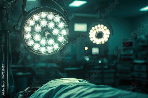 A hospital room equipped with a patient bed and lighting, illustrating a space for medical treatment.