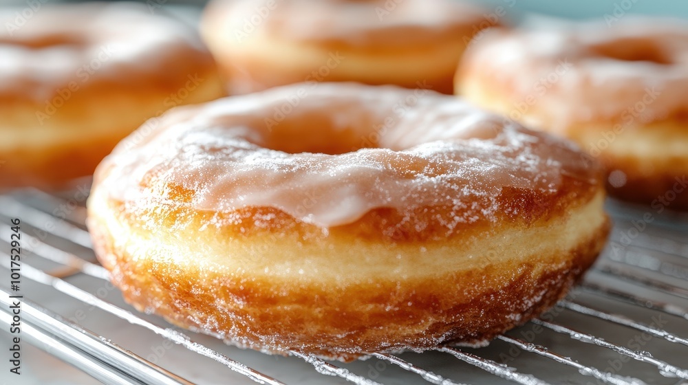 Close up of Glazed Donut with Powdered Sugar on Wire Rack Close up of Glazed Donut with Powdered Sugar on Wire Rack