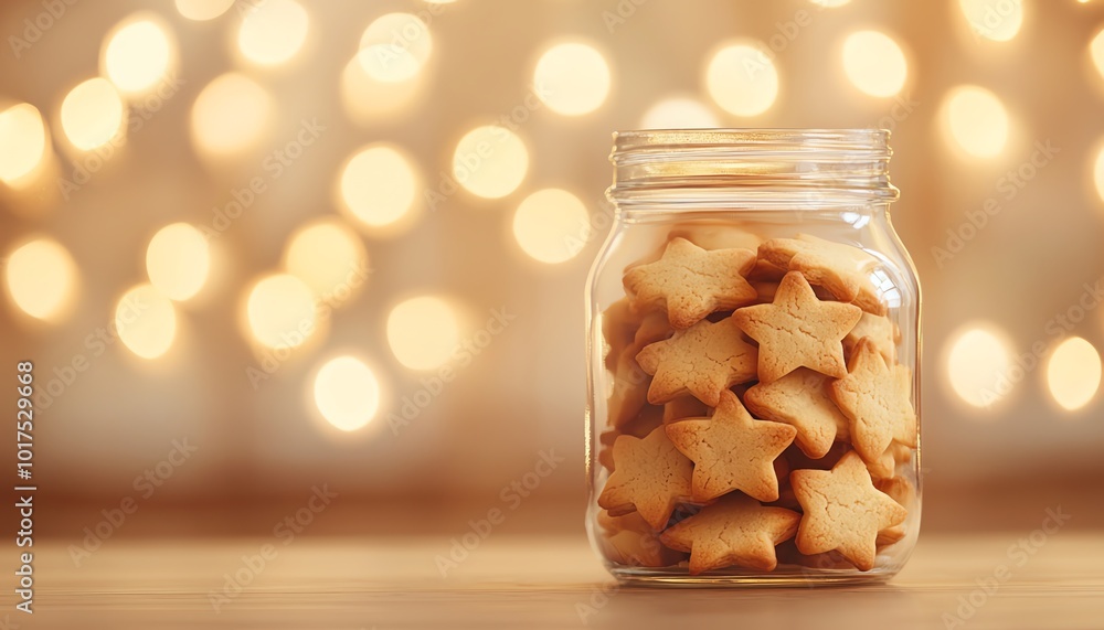 Jar filled with star-shaped cookies, beautifully lit with a warm, soft background creating a cozy atmosphere. Jar filled with star-shaped cookies, beautifully lit with a warm, soft background creating a cozy atmosphere.
