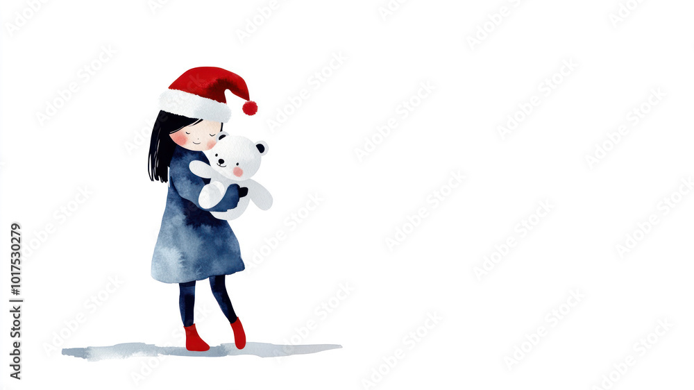 Blue watercolor painting of a little girl hugging teddy bear christmas gift Blue watercolor painting of a little girl hugging teddy bear christmas gift