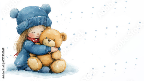 Blue watercolor painting of a little girl hugging teddy bear christmas gift photo