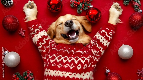 Golden retriever wearing a Christmas sweater surrounded by holiday decorations in a joyful festive scene, featuring high-quality rendering with a warm and cheerful holiday atmosphere