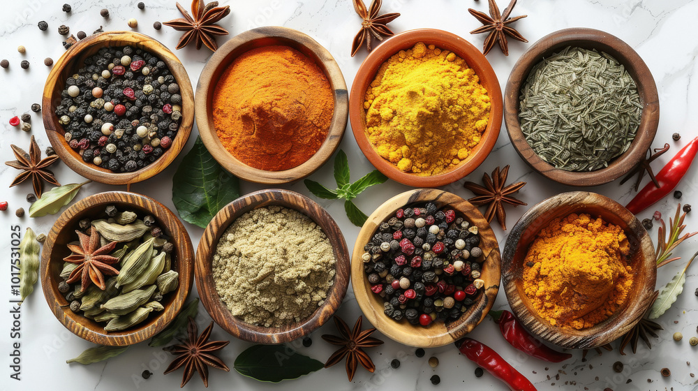 Beautiful composition with different aromatic spices on white background. Beautiful composition with different aromatic spices on white background.