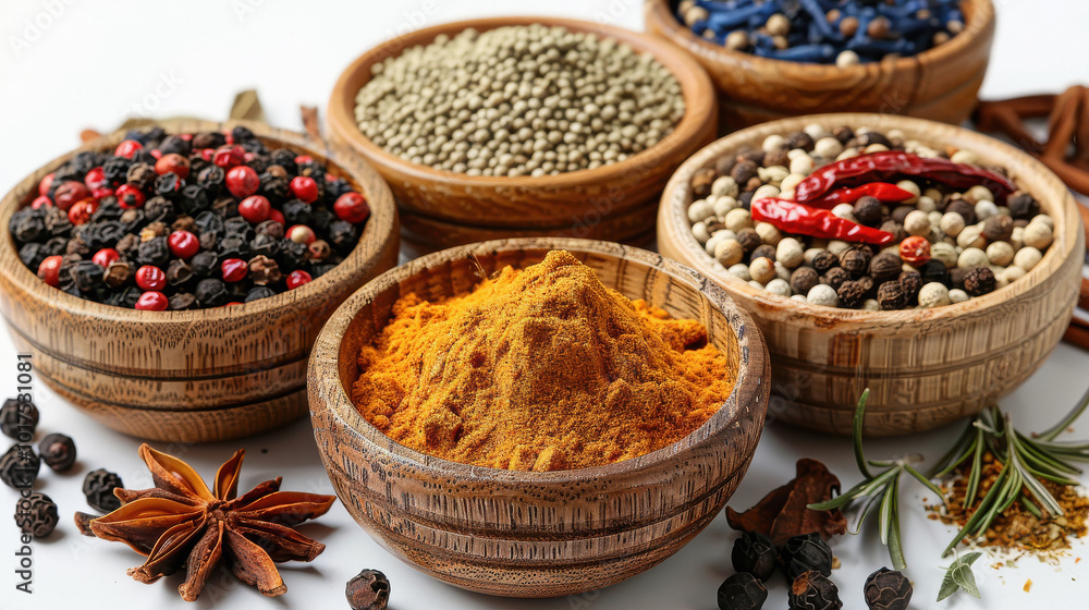 Beautiful composition with different aromatic spices on white background. Beautiful composition with different aromatic spices on white background.