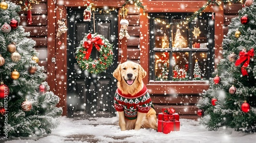 Golden retriever wearing a Christmas sweater surrounded by holiday decorations in a joyful festive scene, featuring high-quality rendering with a warm and cheerful holiday atmosphere