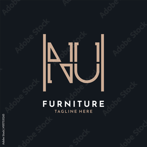 Letter NU Logo Design. Luxury NU Furniture Logo for Interior Decor and Home Decor