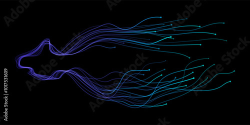 Vector abstract light lines wavy flowing dynamic in blue green colors isolated on black background for concept of AI technology, digital, communication, 5G, science, music