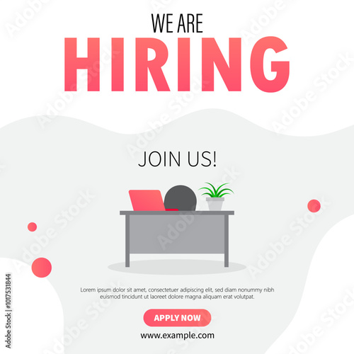 We are hiring job vacancy social media post. Employees needed. Join our team announcement. Illustration of a desk with a computer for work.