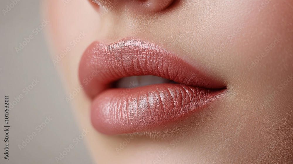 Close up view of human lips during permanent makeup lip procedure, white background.