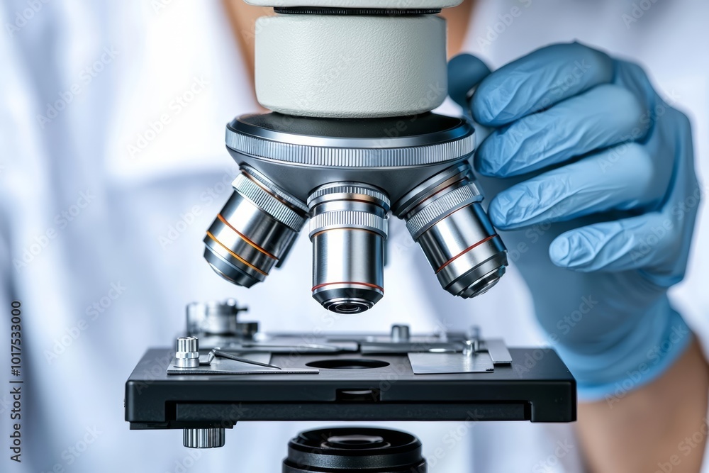 Close-up of a scientist using a microscope in a laboratory setting. Close-up of a scientist using a microscope in a laboratory setting.