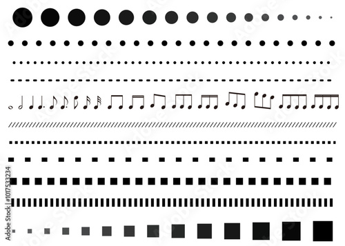 シンプルな飾り罫線・ラインのイラストセット（点線、破線、音符）	