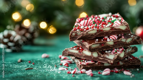 Christmas chocolate bark with peppermint and sprinkles, placed on a mint table with a deep emerald backdrop and twinkling holiday lights, copy space, Merry Christmas background, festive candy promo,