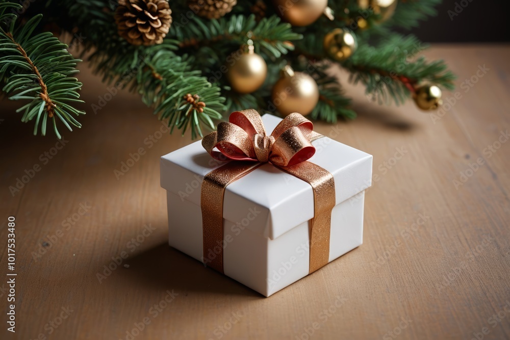 there is a white box with a gold ribbon and a bow there is a white box with a gold ribbon and a bow